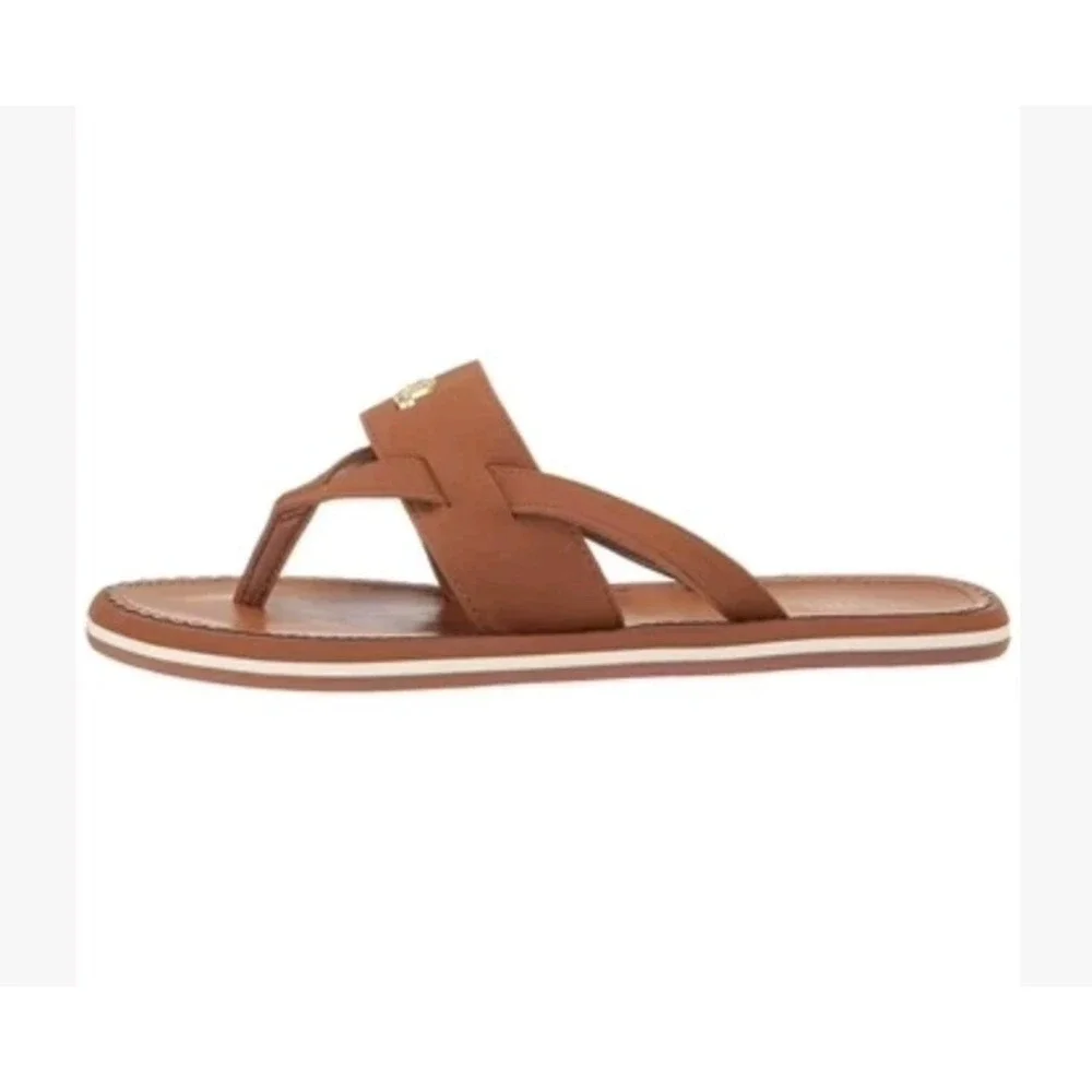 RALPH LAUREN Womens Size 9 Flat Sandal Roselind Tan Leather Shoes Gold Logo NEW
